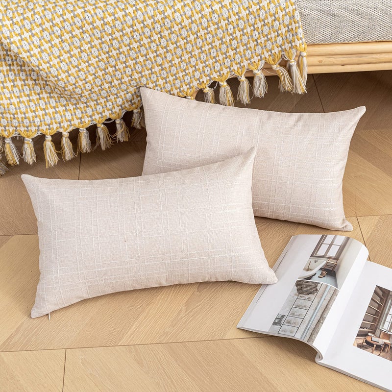 K KEVIN TEXTILE Kevin Textile Pack of 2 Outdoor Waterproof Throw Pillow Covers Decorative Square Outdoor Checkered Pillows Cushion Case Patio Pillows for Couch 12x20 inches 30x50 cm Light Beige - Image 4